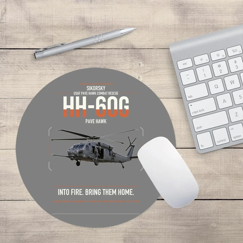 Sikorsky HH-60G Pave Hawk design on gray round mouse pad