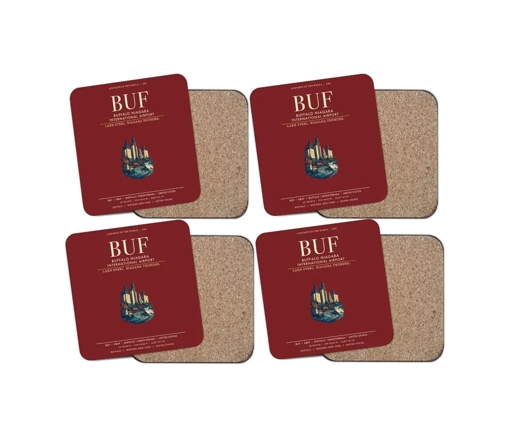 Buffalo Niagara International Airport (BUF) design on dark red 4 pieces set coaster