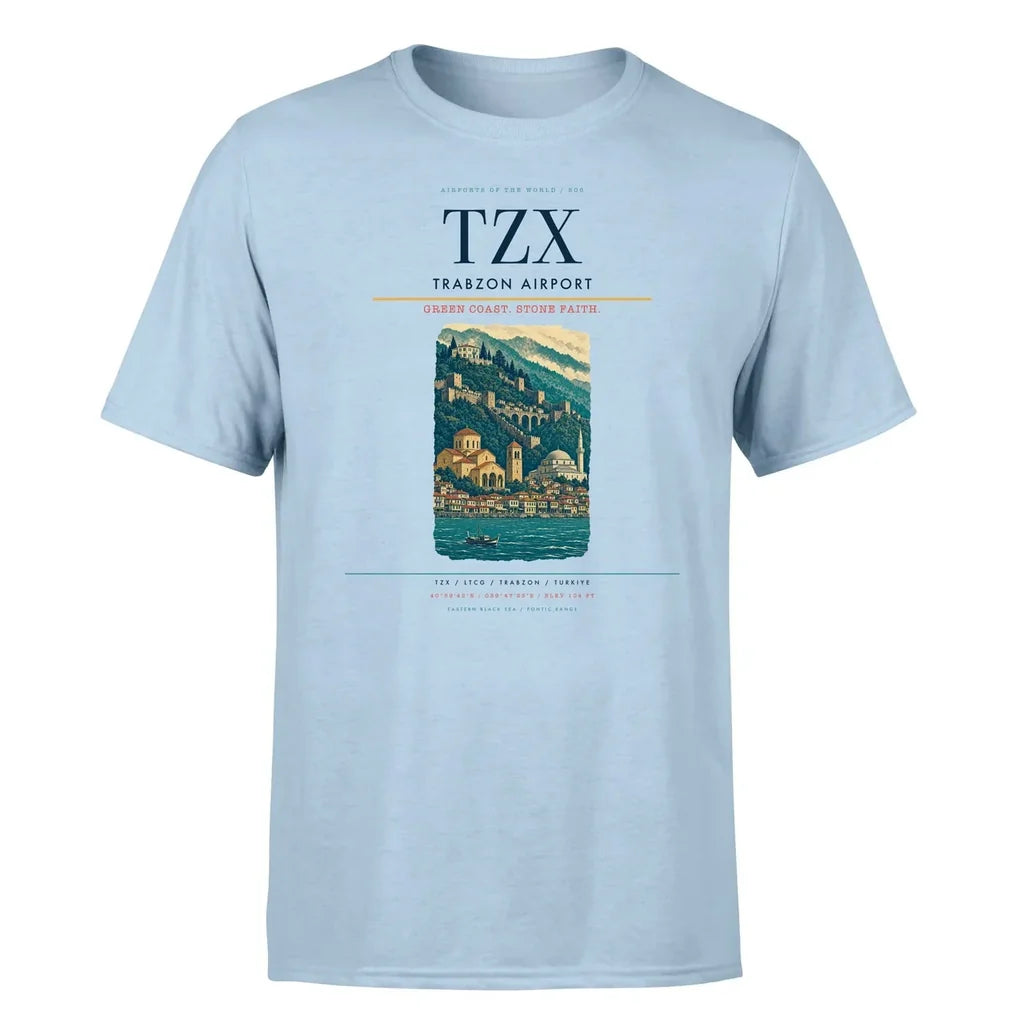 Trabzon Airport (TZX) T-Shirt single-side front print in Light Blue | trabzon-airport-tzx-double-side-t-shirt
