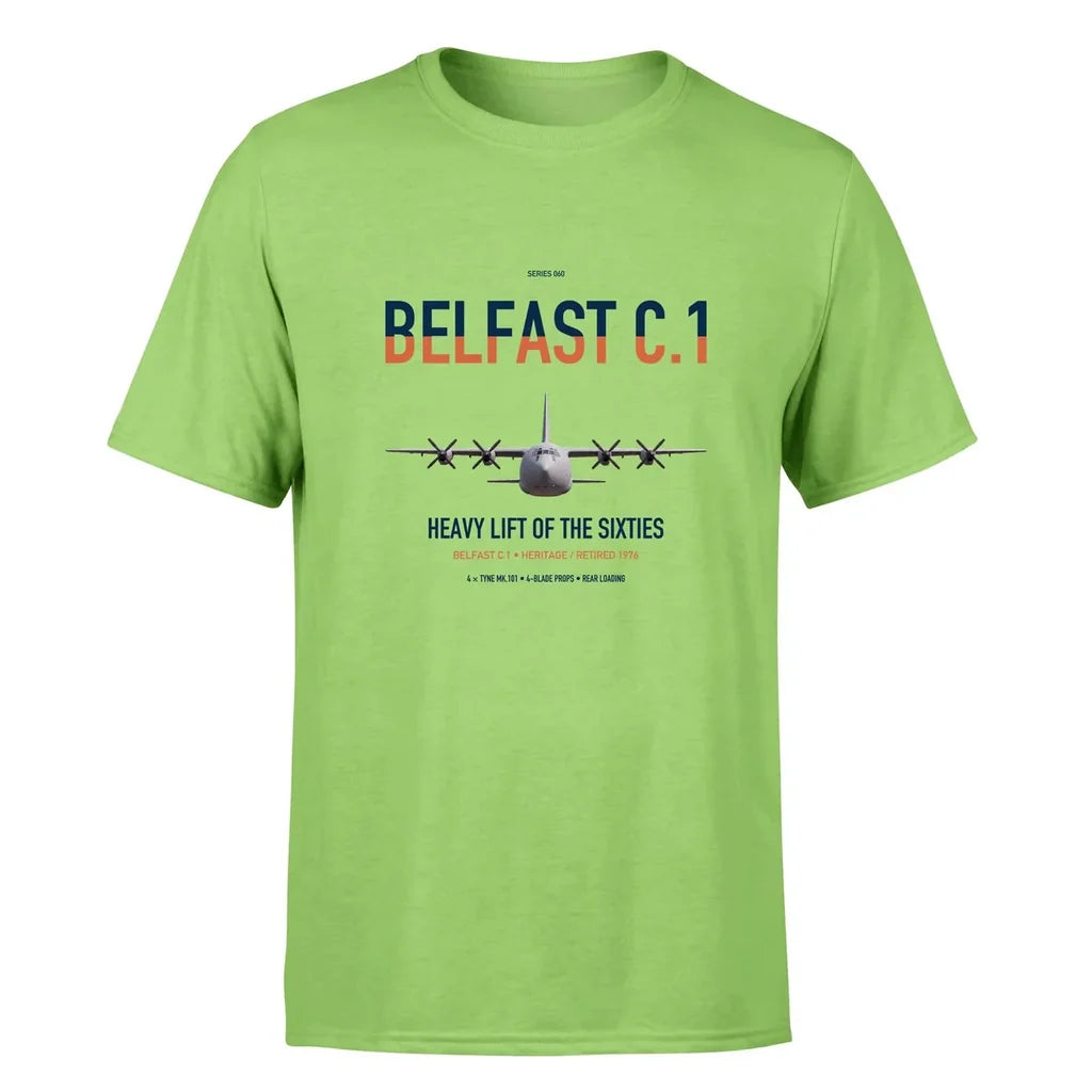Short Belfast C.1 design on light green double-side t-shirt, single-side print