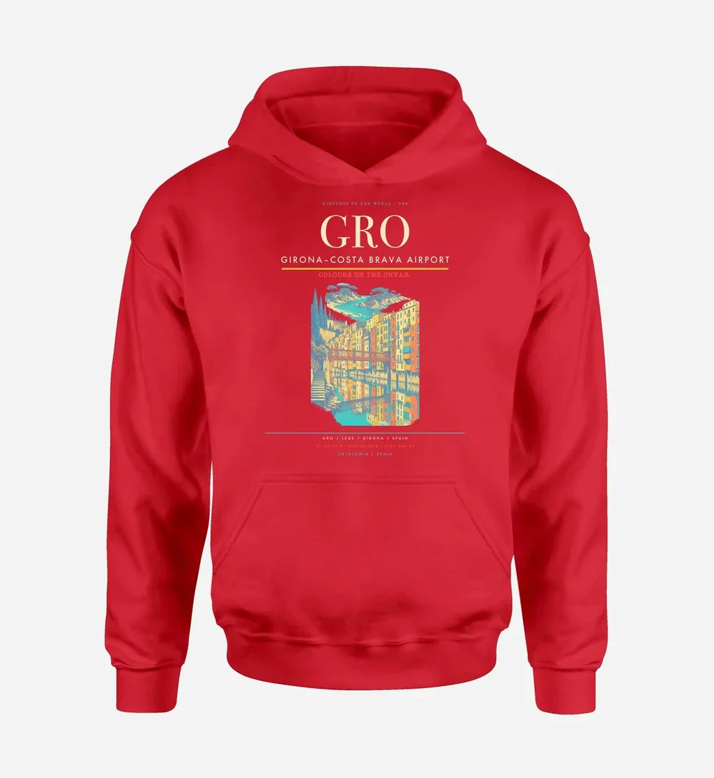 Girona–Costa Brava Airport (GRO) design on red hoodie single-side print