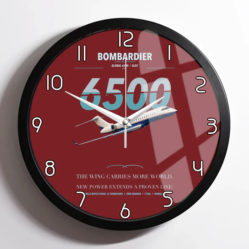 Bombardier Global 6500 design on dark red framed wall clock