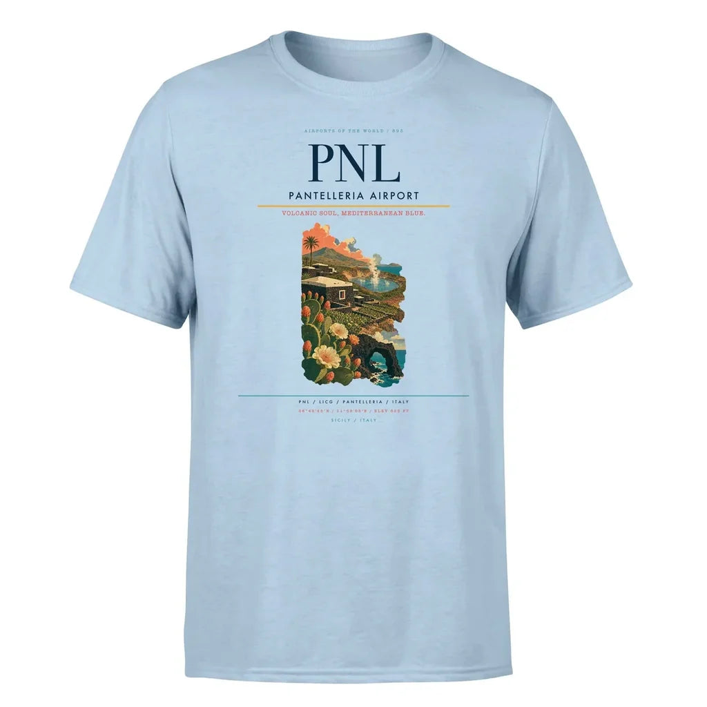 Pantelleria Airport (PNL) T-Shirt single-side front print in Light Blue | pantelleria-airport-pnl-double-side-t-shirt