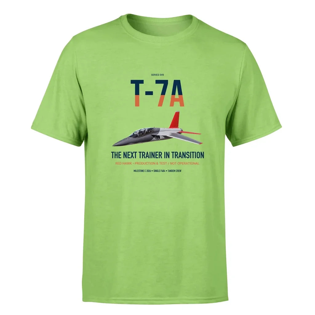 T-7A Red Hawk design on light green double-side t-shirt, single-side print