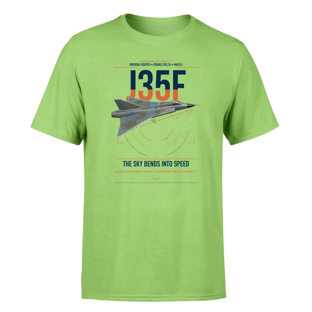 Saab J 35F Draken design on light green t-shirt, single-side print
