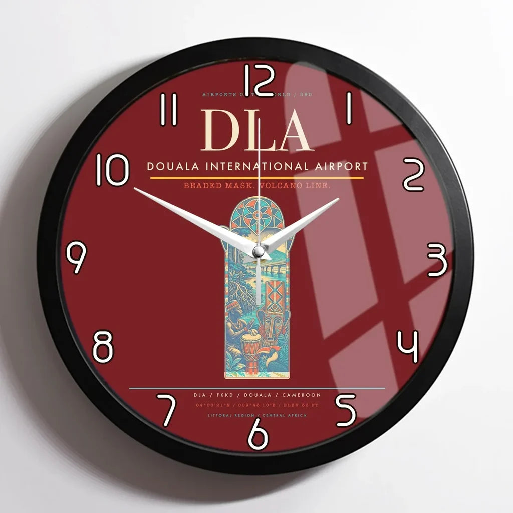 Douala International Airport (DLA) design on dark red framed wall clock
