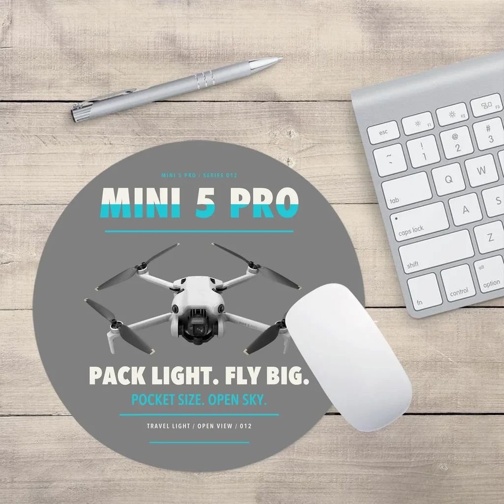 DJI Mini 5 Pro design on gray round mouse pad
