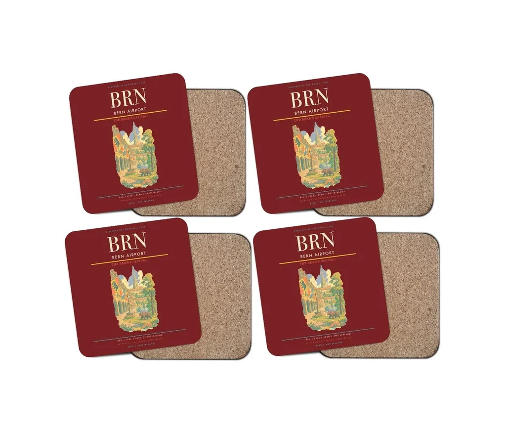 Bern Airport (BRN) design on dark red 4 pieces set coaster