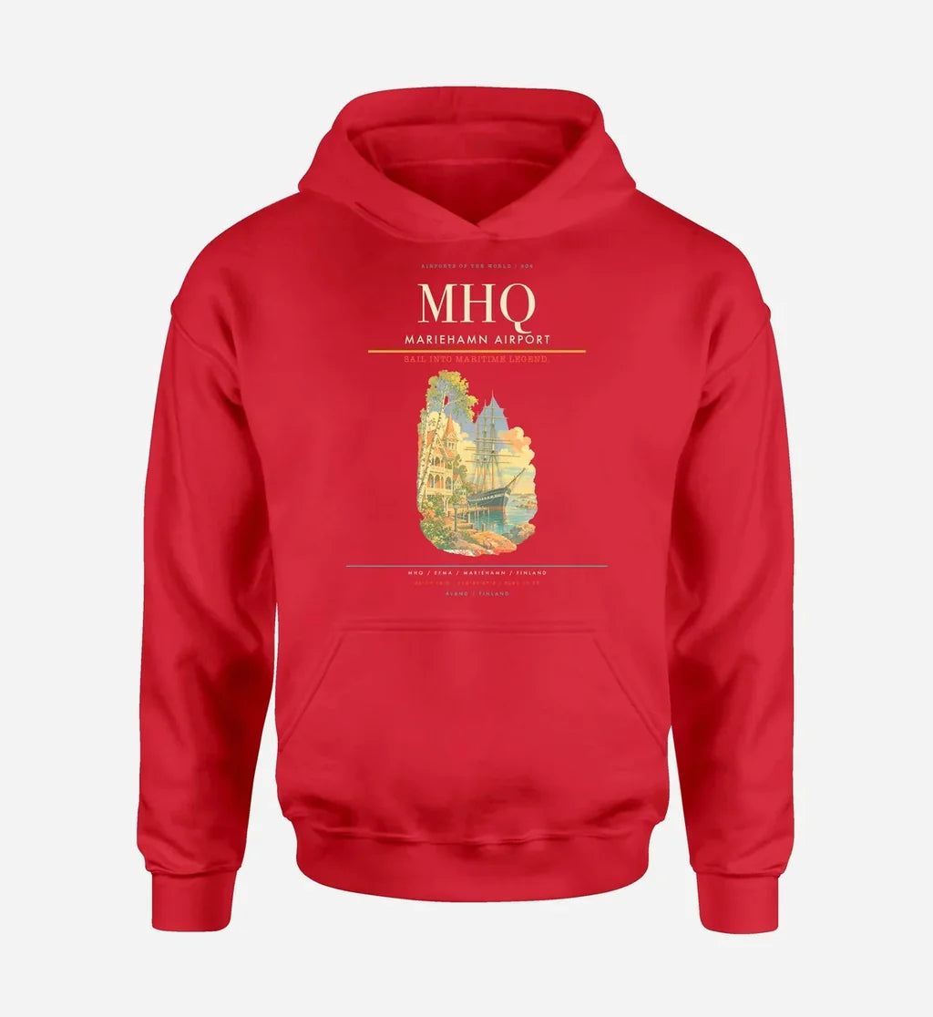Mariehamn Airport (MHQ) design on red hoodie single-side print