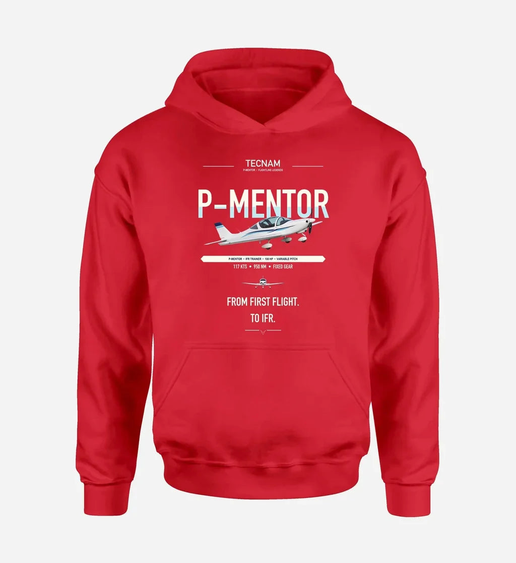 Tecnam P-Mentor design on red double-side hoodie, single-side print