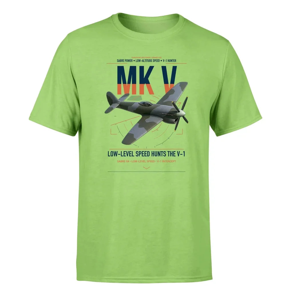 Hawker Tempest Mk V design on light green t-shirt, single-side print