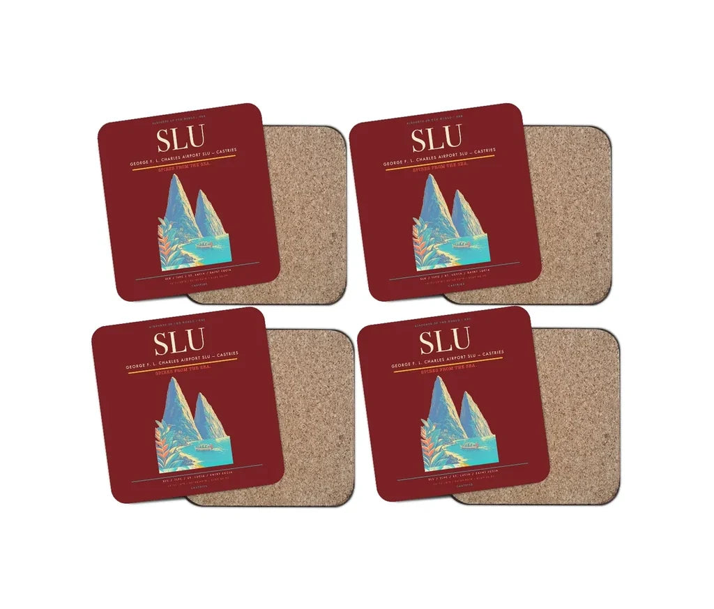 George F. L. Charles Airport (SLU) design on dark red 4 pieces set coaster