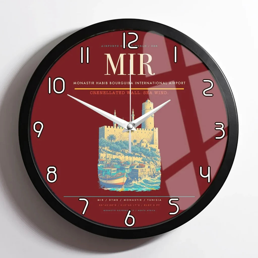 Monastir Habib Bourguiba International Airport (MIR) design on dark red framed wall clock