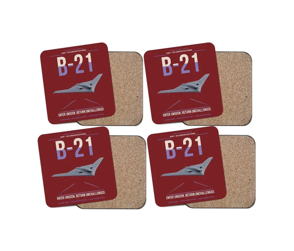 B-21 Raider design on dark red 4 pieces set coaster