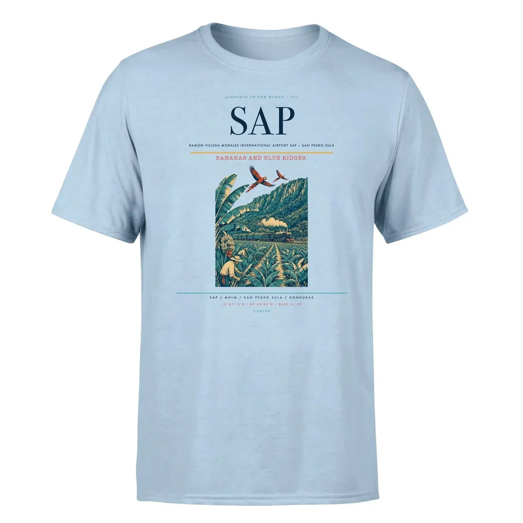 Ramón Villeda Morales International Airport (SAP) T-Shirt single-side front print in Light Blue | ramón-villeda-morales-international-airport-sap-double-side-t-shirt