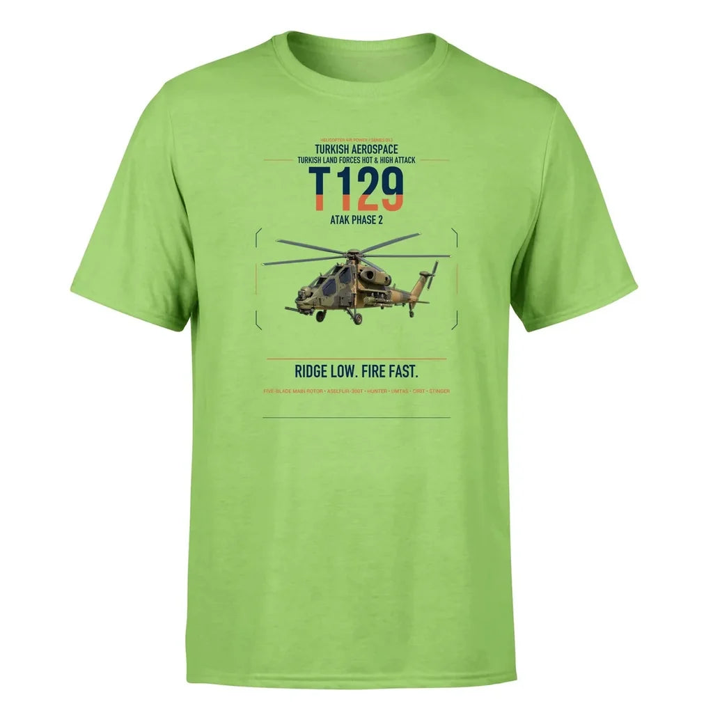 Turkish Aerospace T129 ATAK Phase 2 design on light green t-shirt, single-side print
