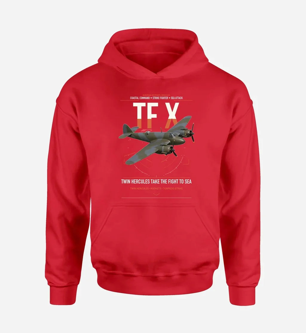 Bristol Beaufighter TF X design on red double-side hoodie, single-side print