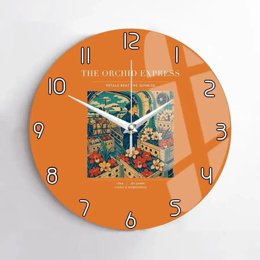 VINTAGE G4233 - The Orchid Express - Designed Wall Clocks design on orange no-frame