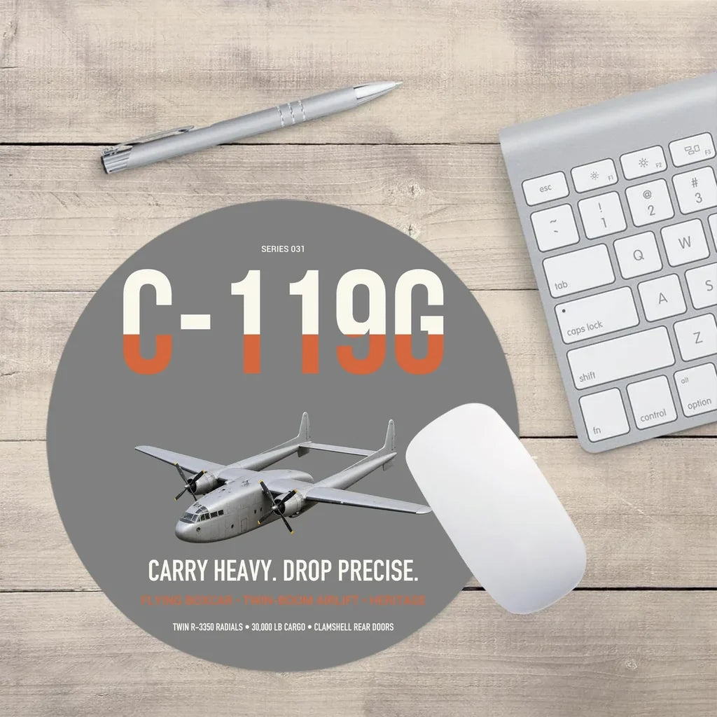 C-119G Flying Boxcar design on gray round mouse pad
