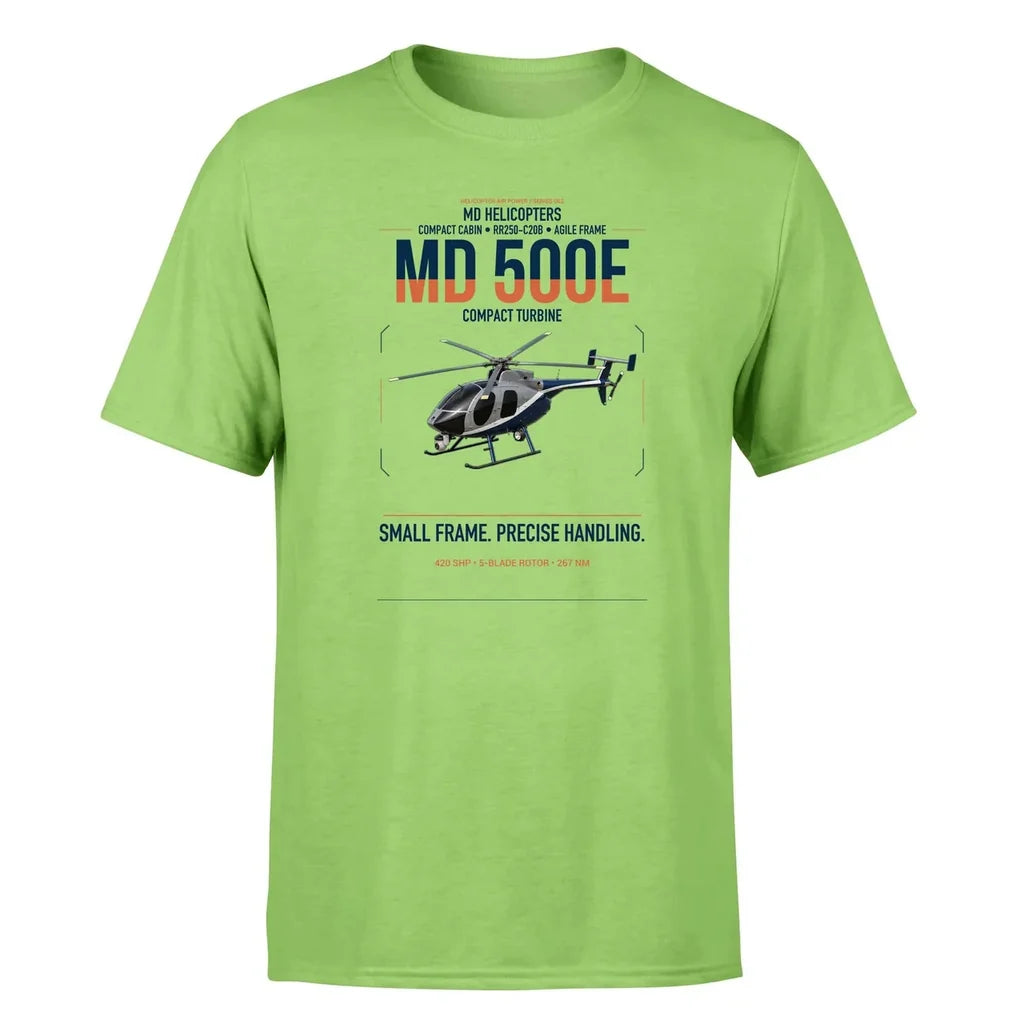 MD Helicopters MD 500E design on light green t-shirt, single-side print