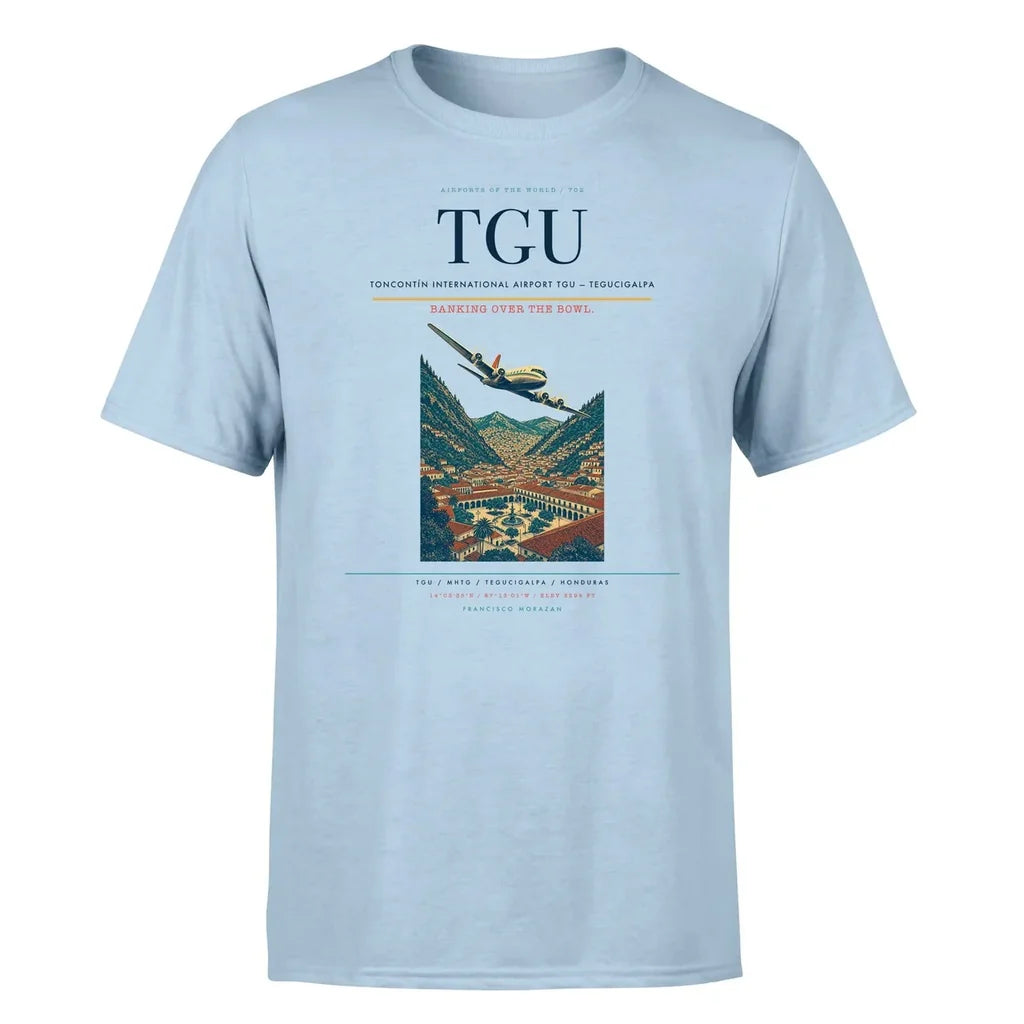 Toncontín International Airport (TGU) T-Shirt single-side front print in Light Blue | toncontín-international-airport-tgu-double-side-t-shirt