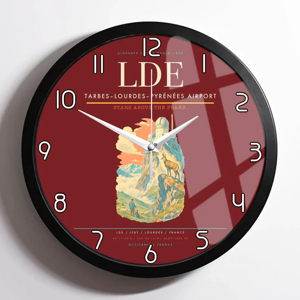 Tarbes–Lourdes–Pyrénées Airport (LDE) design on dark red framed wall clock