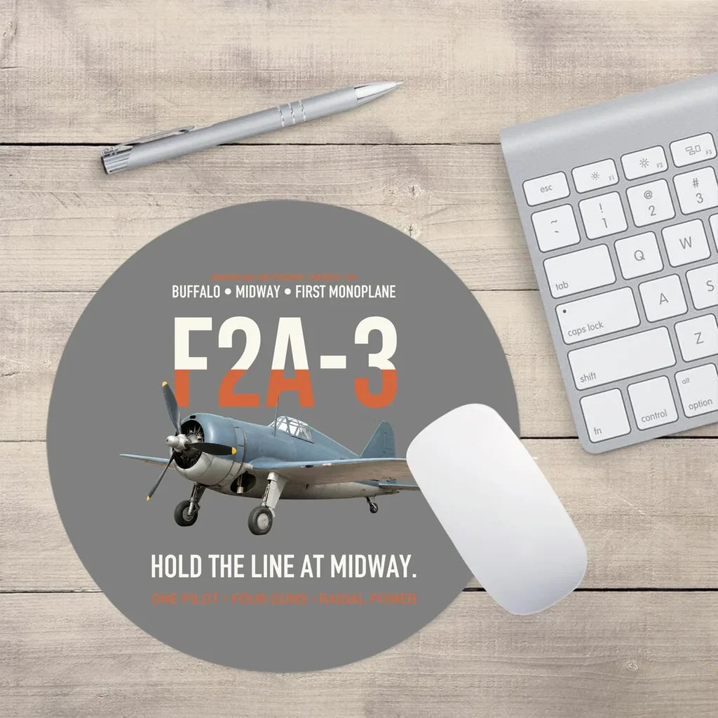 F2A-3 Buffalo Hold the Line at Midway design on gray round mouse pad