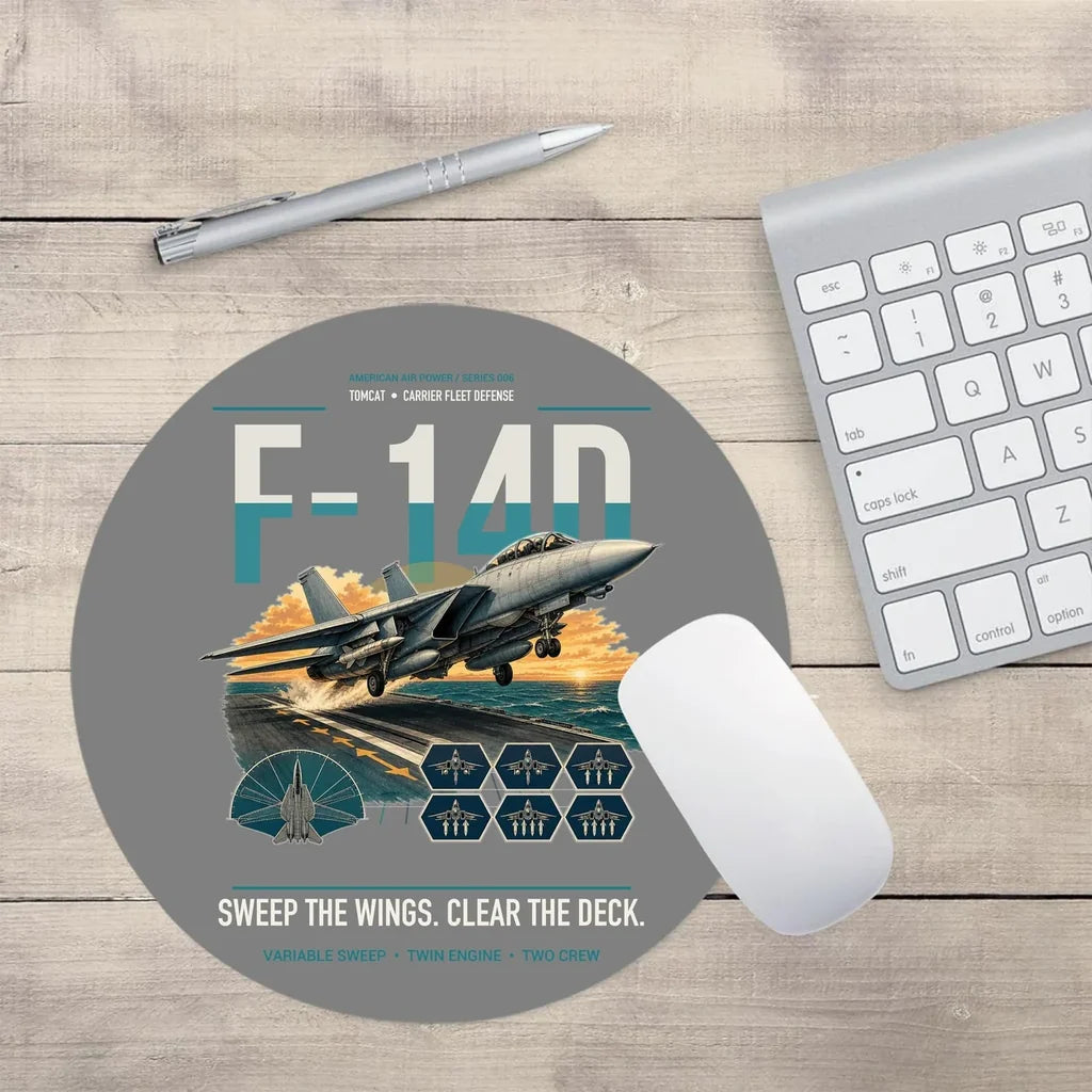 F-14D Tomcat design on gray round mouse pad