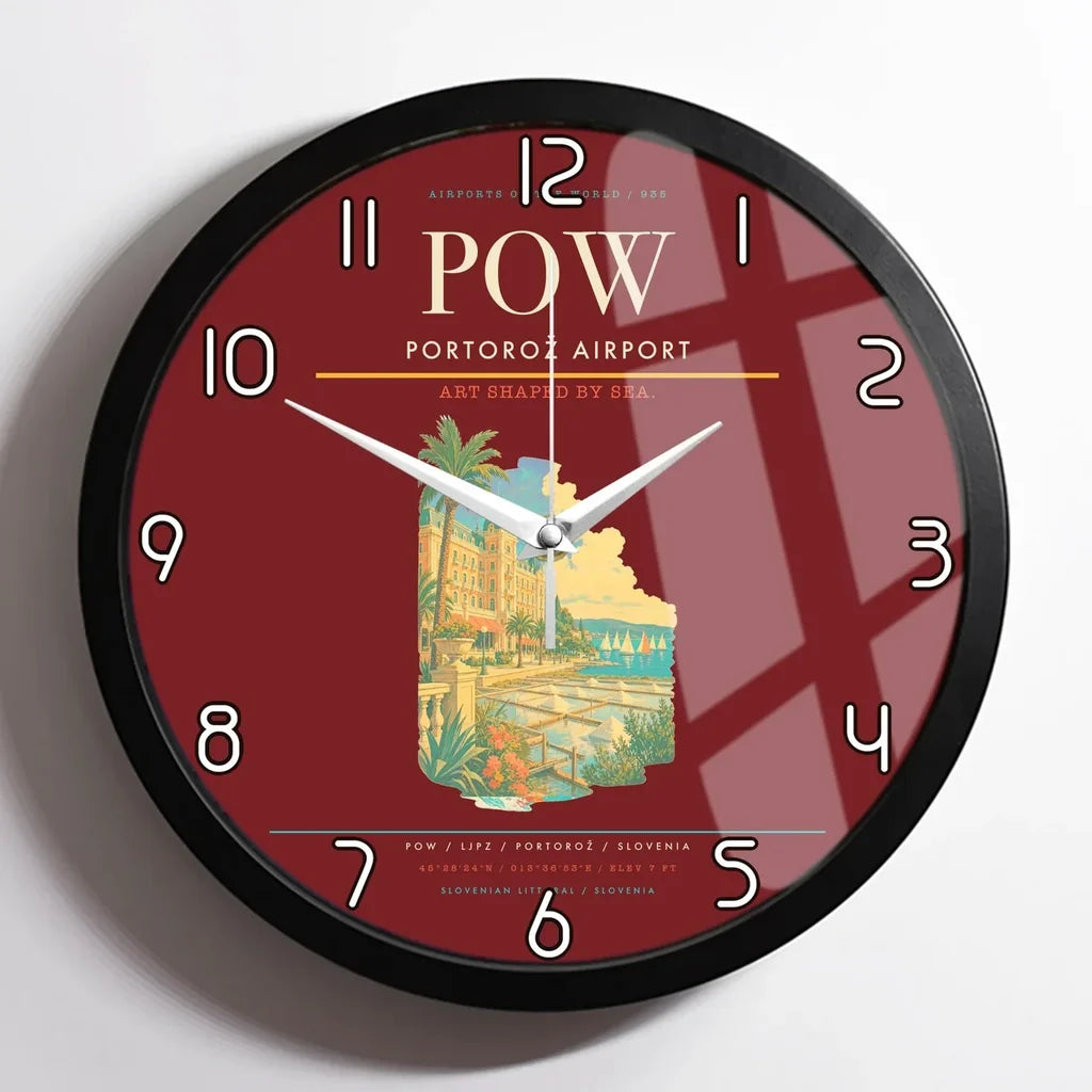 Portorož Airport (POW) design on dark red framed wall clock