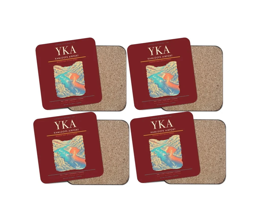 Kamloops Airport (YKA) design on dark red 4 pieces set coaster