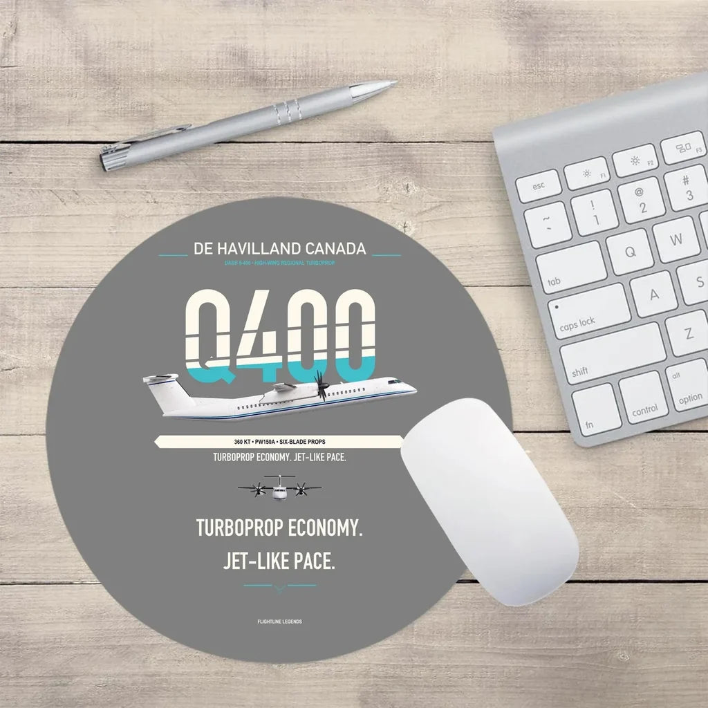 De Havilland Dash 8-400 design on gray round mouse pad