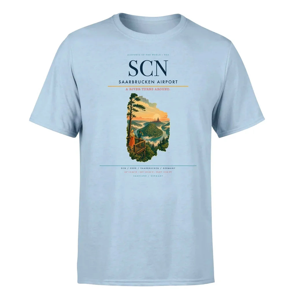 Saarbrucken Airport (SCN) T-Shirt single-side front print in Light Blue | saarbrucken-airport-scn-double-side-t-shirt
