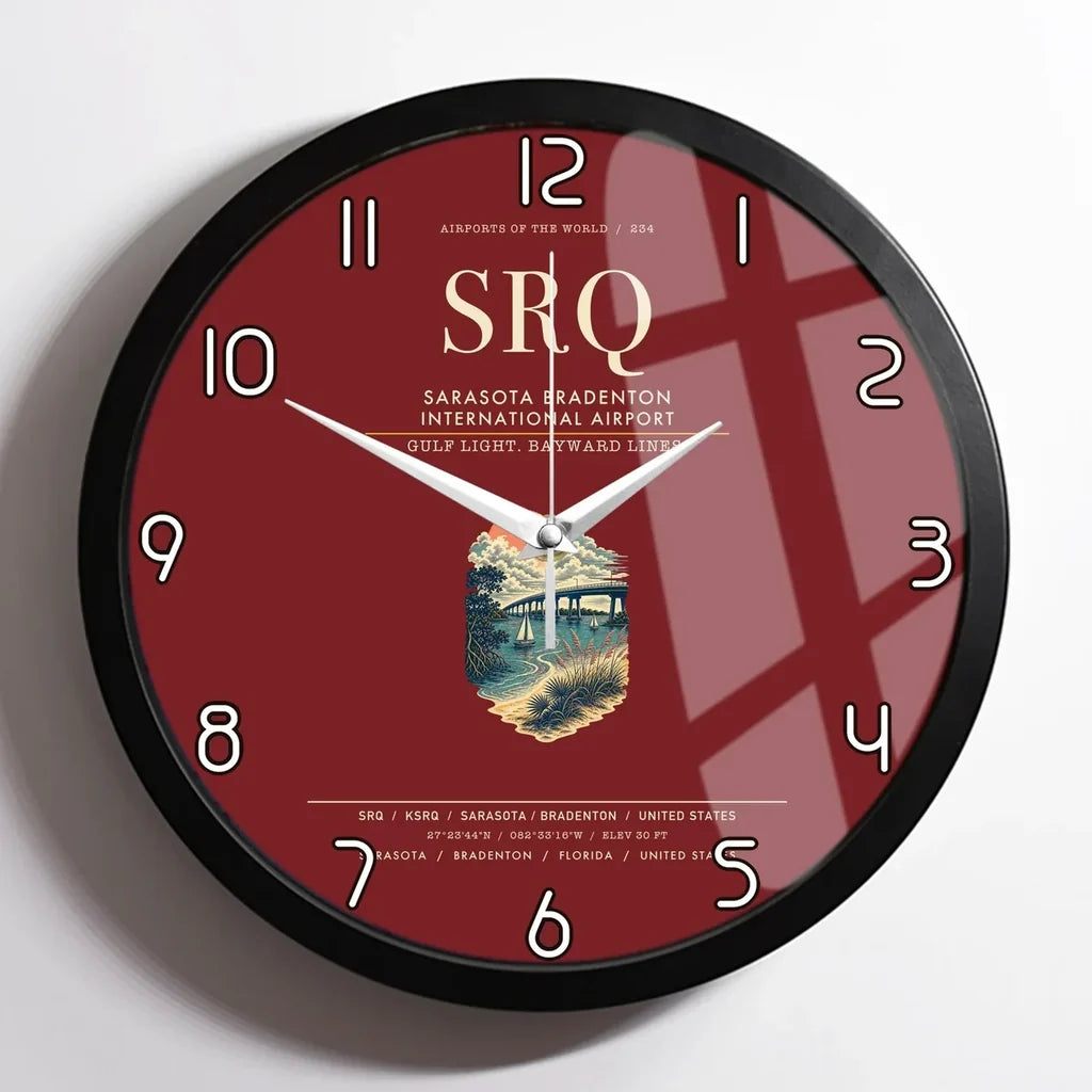 Sarasota Bradenton International Airport (SRQ) design on dark red framed wall clock