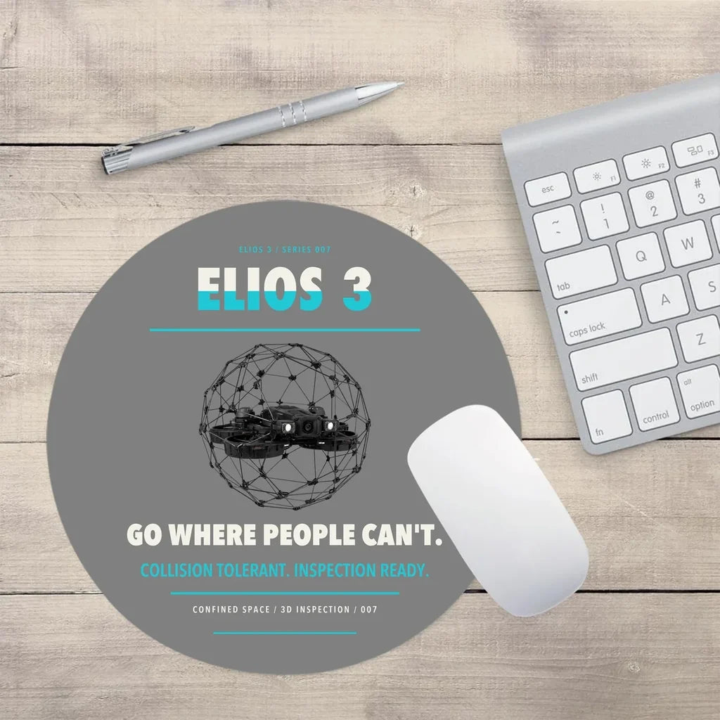 Flyability Elios 3 design on gray round mouse pad