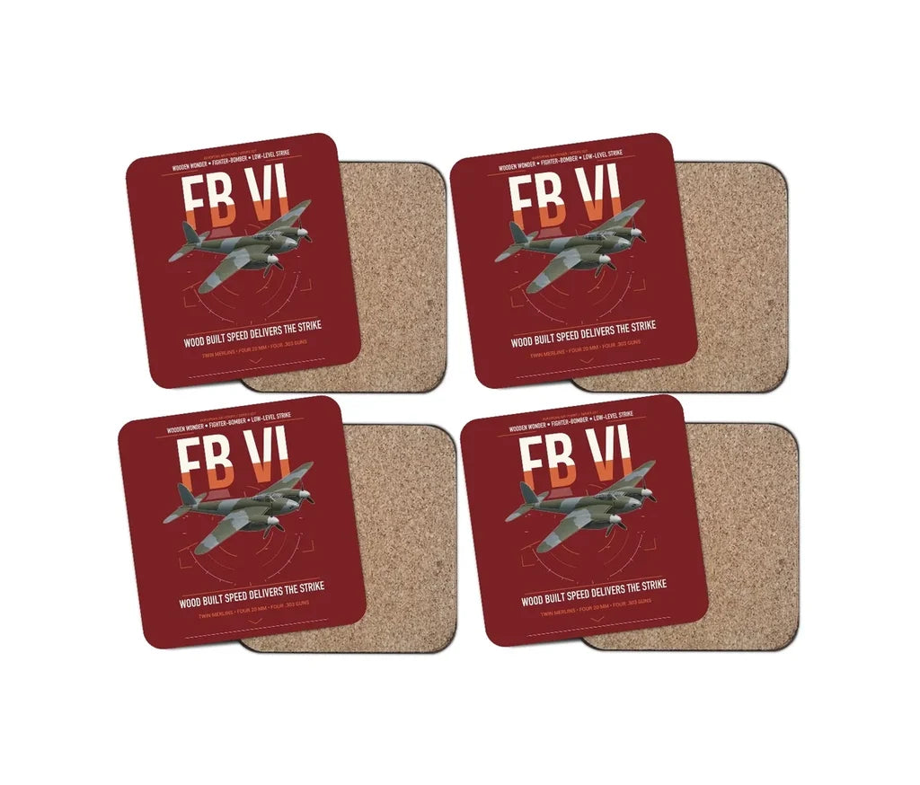 de Havilland Mosquito FB VI design on dark red 4 pieces set coaster
