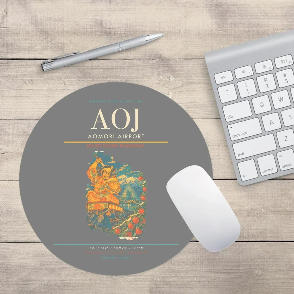 Aomori Airport (AOJ) design on gray round mouse pad