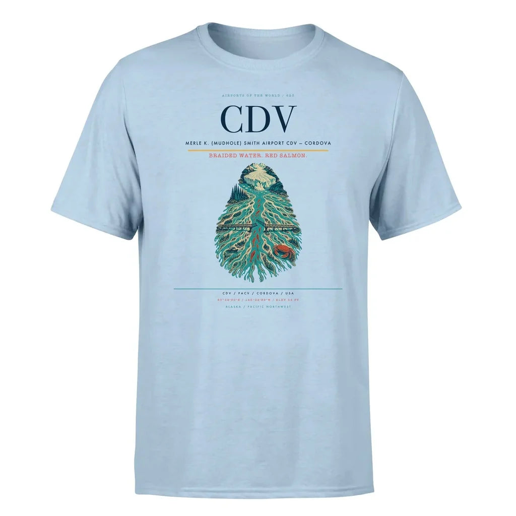 Merle K. (Mudhole) Smith Airport (CDV) T-Shirt single-side front print in Light Blue | merle-k-mudhole-smith-airport-cdv-double-side-t-shirt