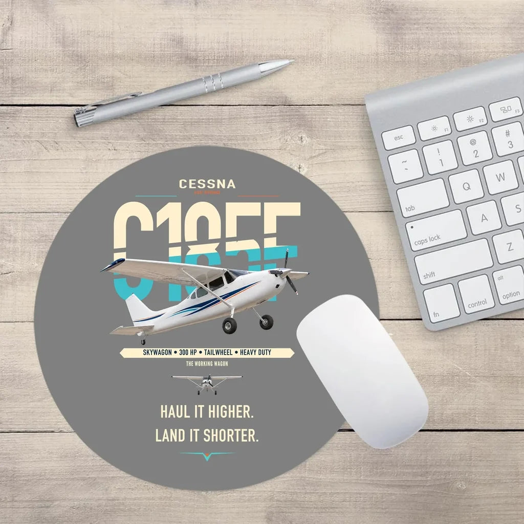 Cessna A185F Skywagon design on gray round mouse pad