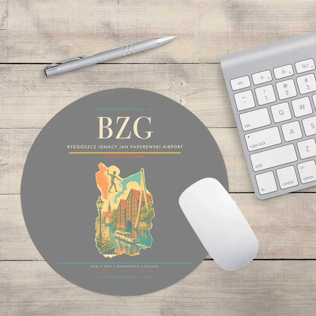 Bydgoszcz Ignacy Jan Paderewski Airport (BZG) design on gray round mouse pad