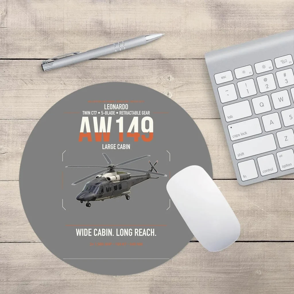 Leonardo AW149 design on gray round mouse pad