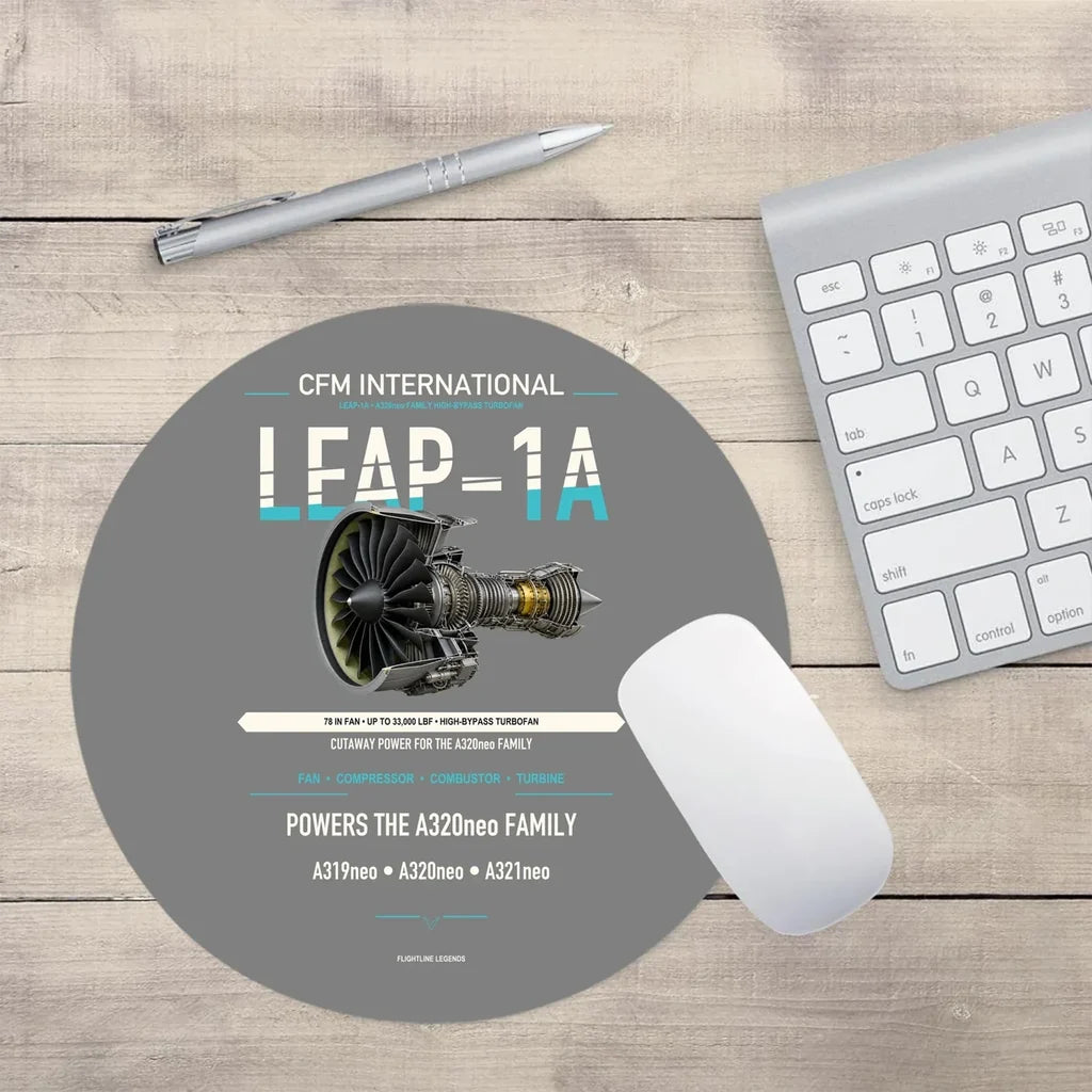 CFM LEAP-1A design on gray round mouse pad