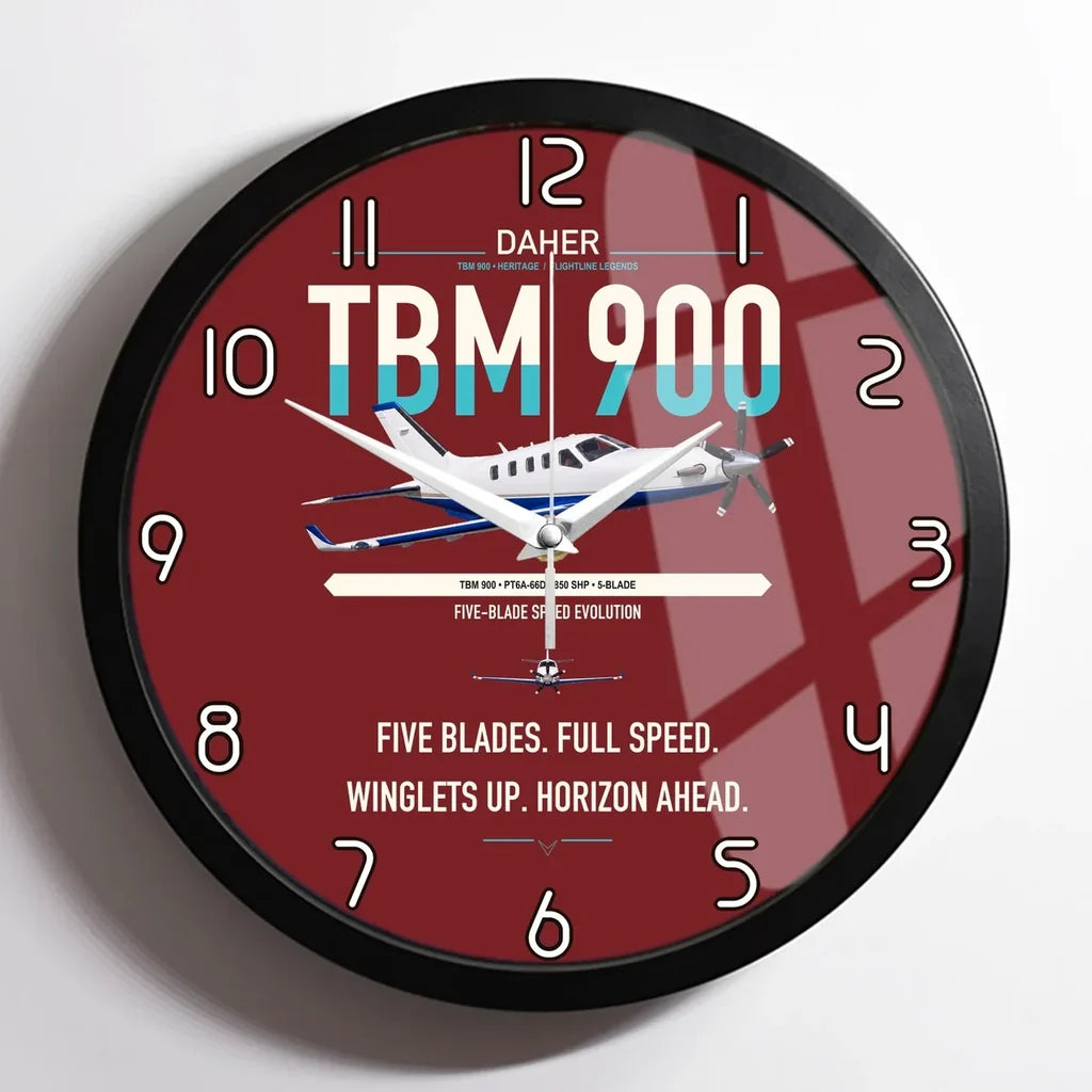 Daher TBM 900 design on dark red framed wall clock