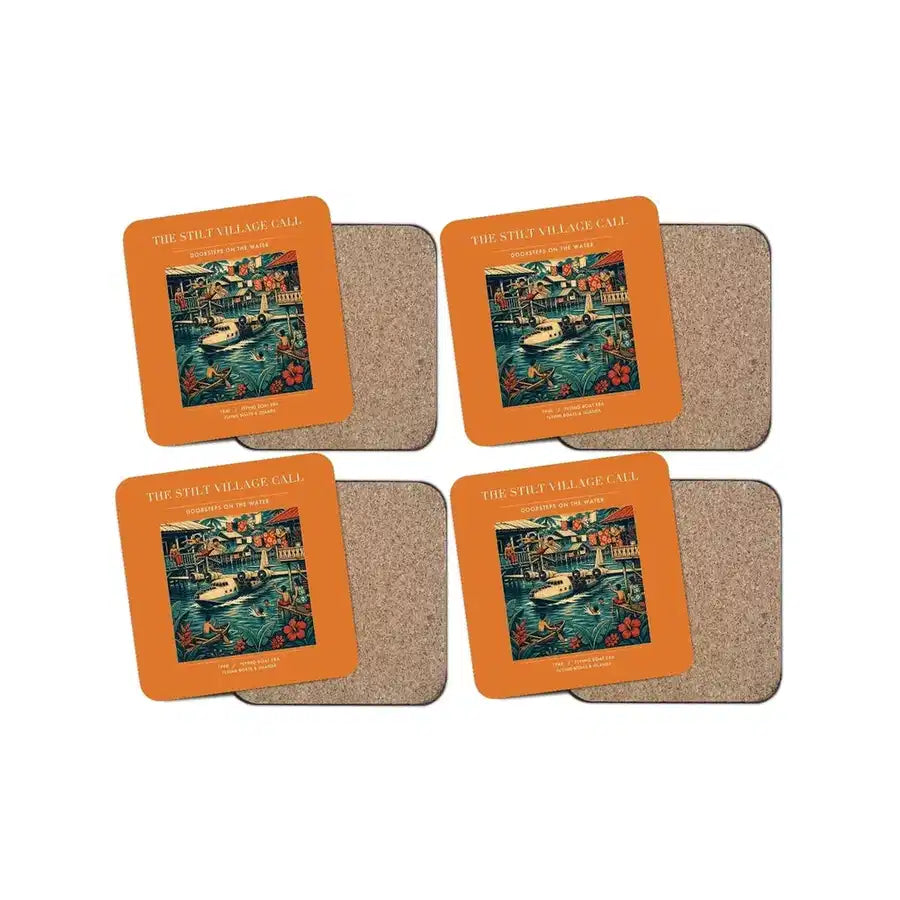 The Stilt Village Call - Designed Coasters design on orange 4-pieces-set