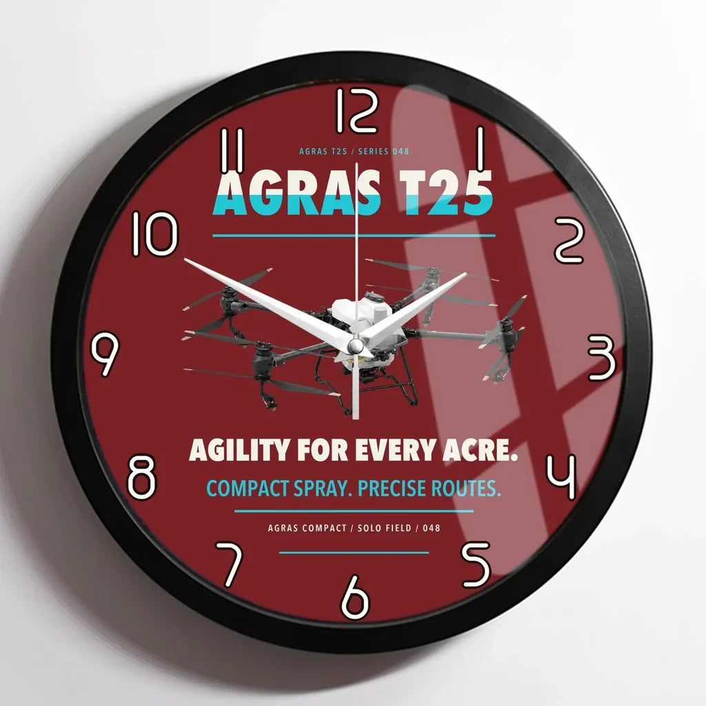DJI Agras T25 design on dark red framed wall clock