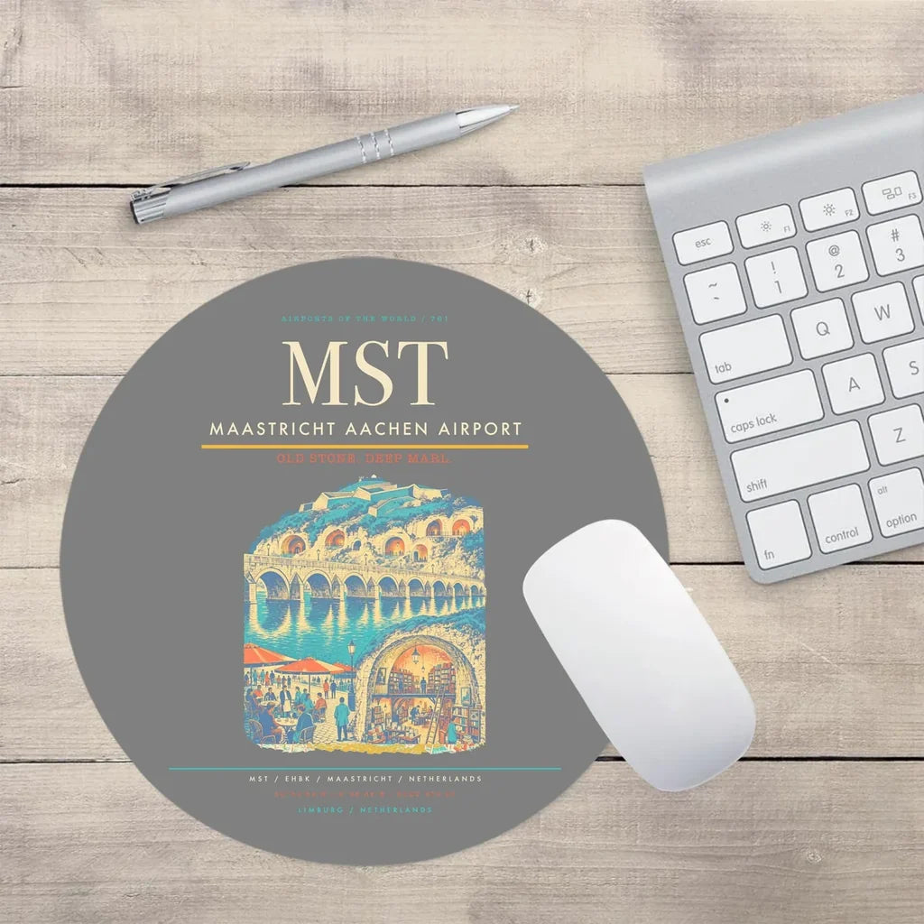Maastricht Aachen Airport (MST) design on gray round mouse pad