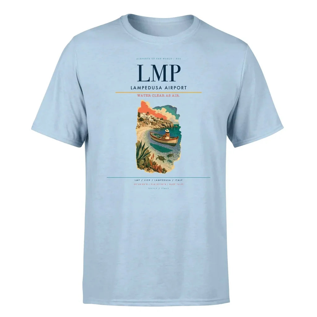 Lampedusa Airport (LMP) T-Shirt single-side front print in Light Blue | lampedusa-airport-lmp-double-side-t-shirt