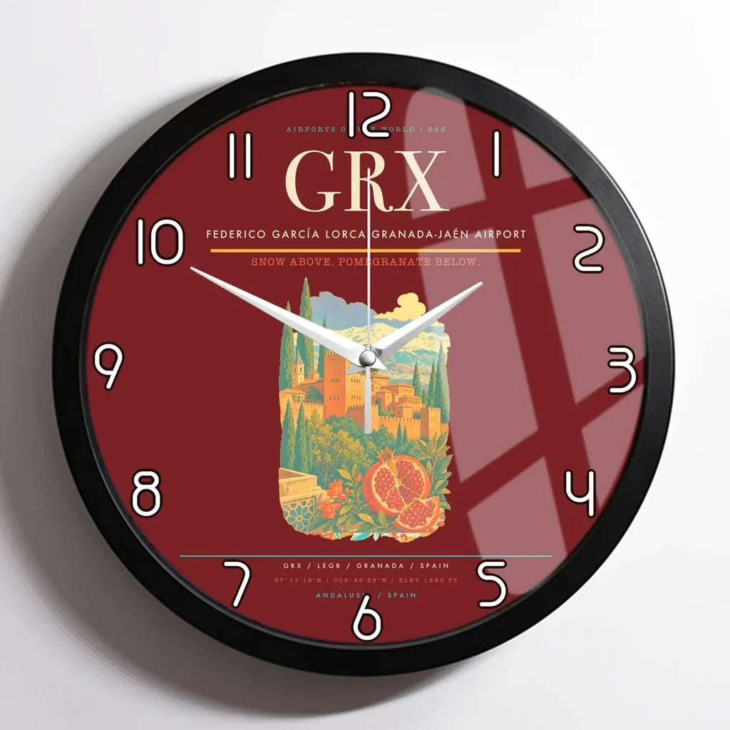 Federico García Lorca Granada-Jaén Airport (GRX) design on dark red framed wall clock