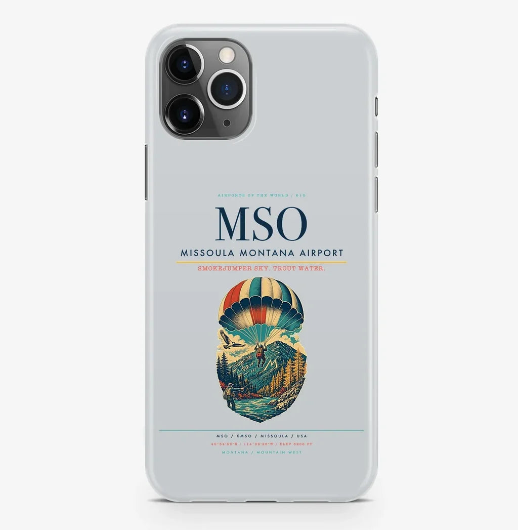 Missoula Airport (MSO) design on light gray iPhone 16 Pro MagSafe case