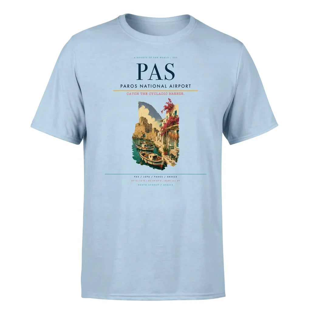 Paros National Airport (PAS) T-Shirt single-side front print in Light Blue | paros-national-airport-pas-double-side-t-shirt