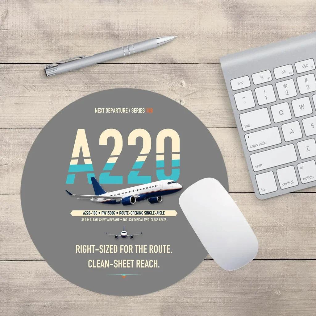 Airbus A220-100 design on gray round mouse pad